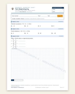 Test diagnostyczny — sprawdzian z matematyki, klasa 7, grupy A–E — okładka