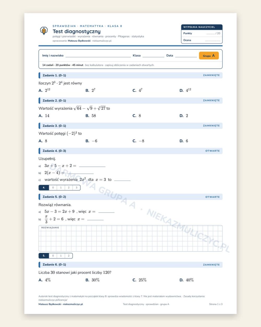 Test diagnostyczny — sprawdzian z matematyki, klasa 8, grupy A–E — okładka