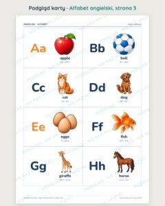 Alfabet angielski do druku — plakat, 26 kart i ćwiczenia PDF — podgląd karty, strona 3
