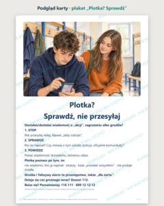 Bezpieczna klasa: 6 godzin wychowawczych, procedury, plakaty dla szkół — podgląd karty: plakat A4 „Plotka? Sprawdź, nie przesyłaj”