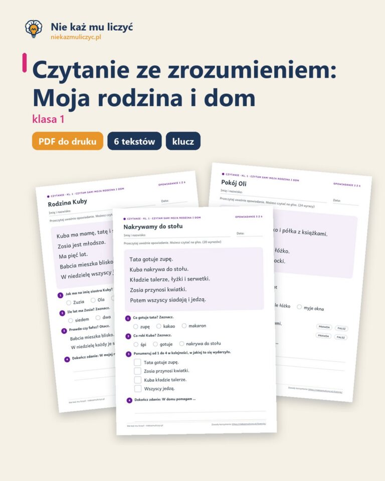 Czytanie ze zrozumieniem kl. 1: Moja rodzina i dom, 6 tekstów PDF — okładka