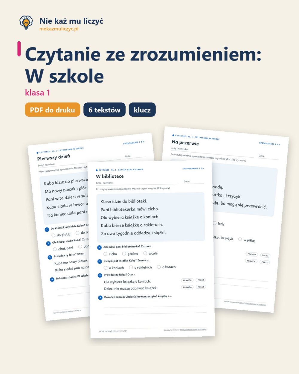 Czytanie ze zrozumieniem kl. 1: W szkole, 6 tekstów PDF — okładka