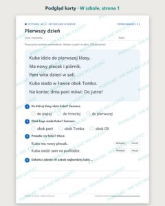 Czytanie ze zrozumieniem kl. 1: W szkole, 6 tekstów PDF — podgląd karty, strona 1