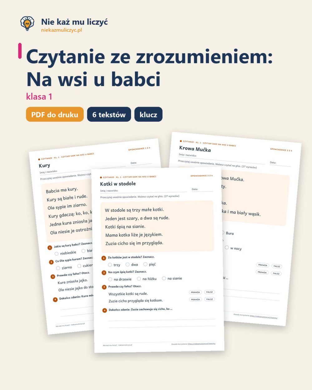 Czytanie ze zrozumieniem kl. 1: Na wsi u babci, 6 tekstów PDF — okładka