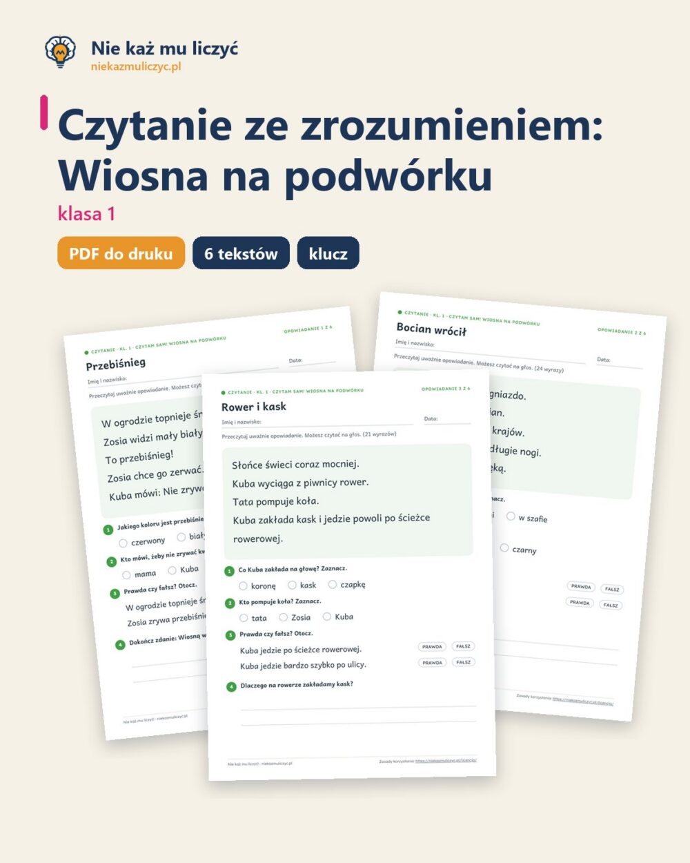 Czytanie ze zrozumieniem kl. 1: Wiosna na podwórku, 6 tekstów PDF — okładka