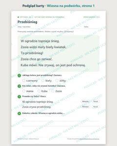 Czytanie ze zrozumieniem kl. 1: Wiosna na podwórku, 6 tekstów PDF — podgląd karty, strona 1