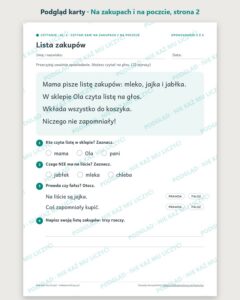 Czytanie ze zrozumieniem kl. 1: Na zakupach i na poczcie — podgląd karty, strona 2