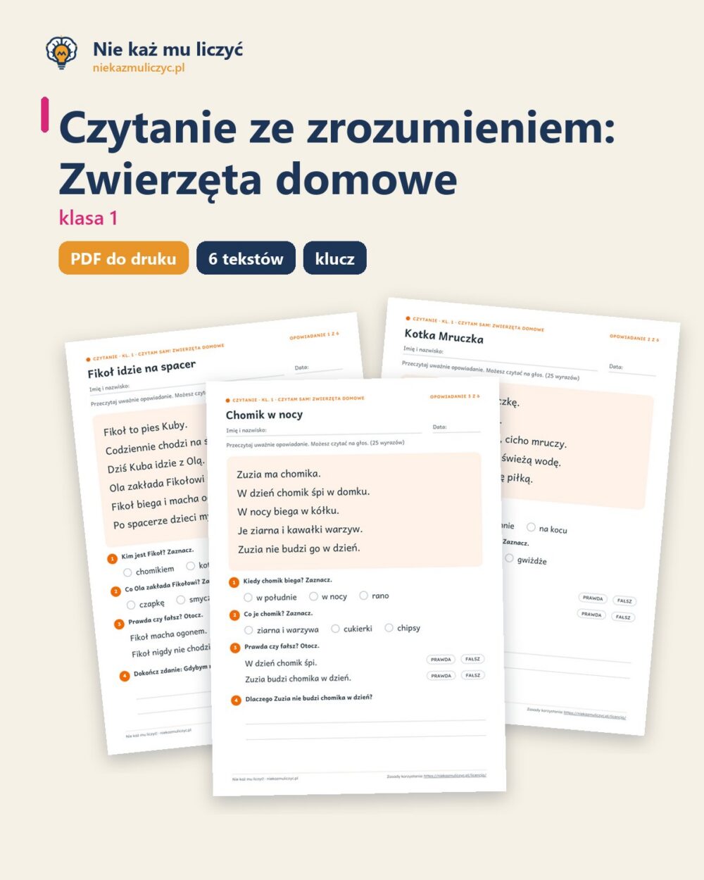 Czytanie ze zrozumieniem kl. 1: Zwierzęta domowe, 6 tekstów PDF — okładka