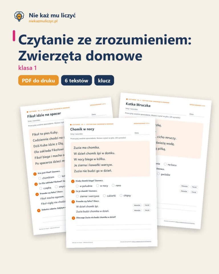Czytanie ze zrozumieniem kl. 1: Zwierzęta domowe, 6 tekstów PDF — okładka
