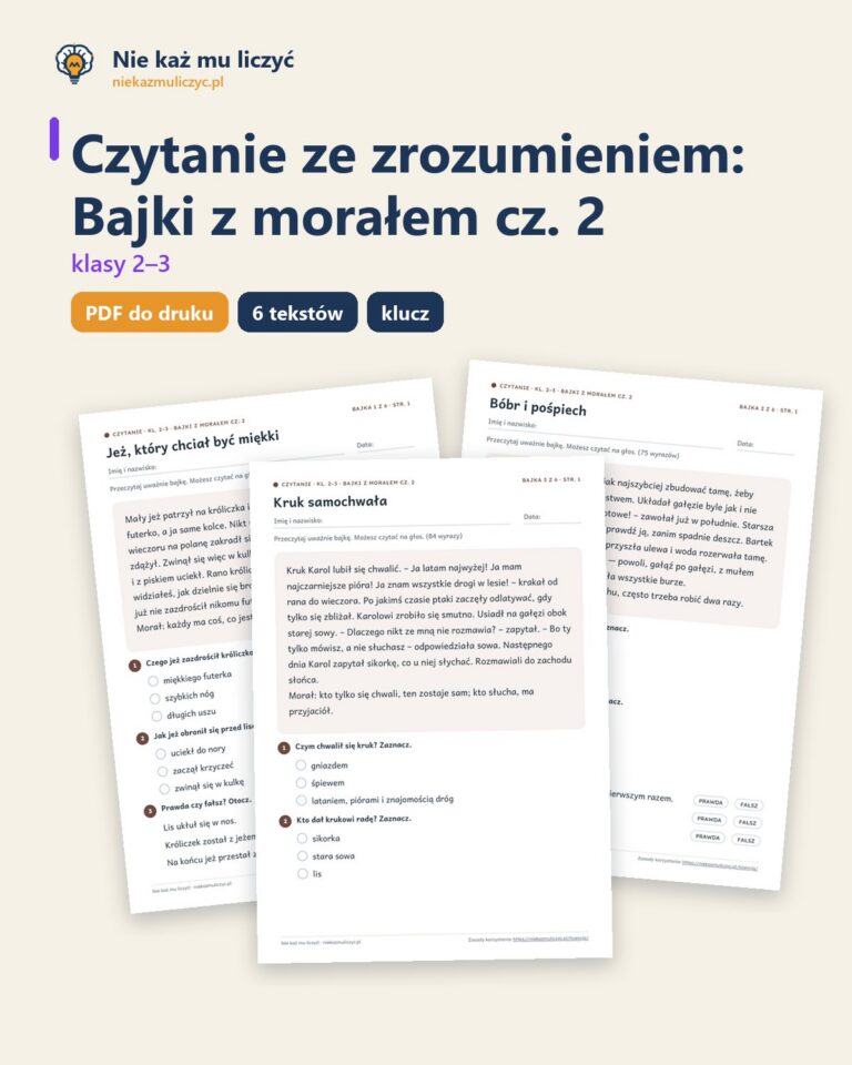 Czytanie ze zrozumieniem kl. 2–3: Bajki z morałem cz. 2, 6 tekstów PDF — okładka