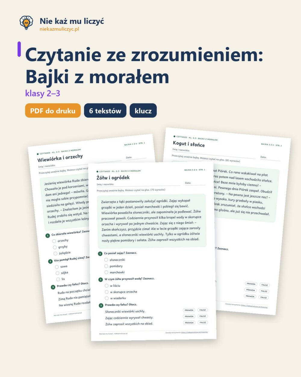 Czytanie ze zrozumieniem kl. 2–3: Bajki z morałem, 6 tekstów PDF — okładka