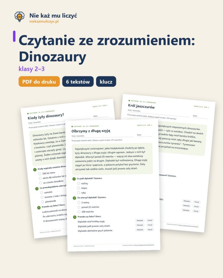 Czytanie ze zrozumieniem kl. 2–3: Dinozaury, 6 tekstów PDF — okładka