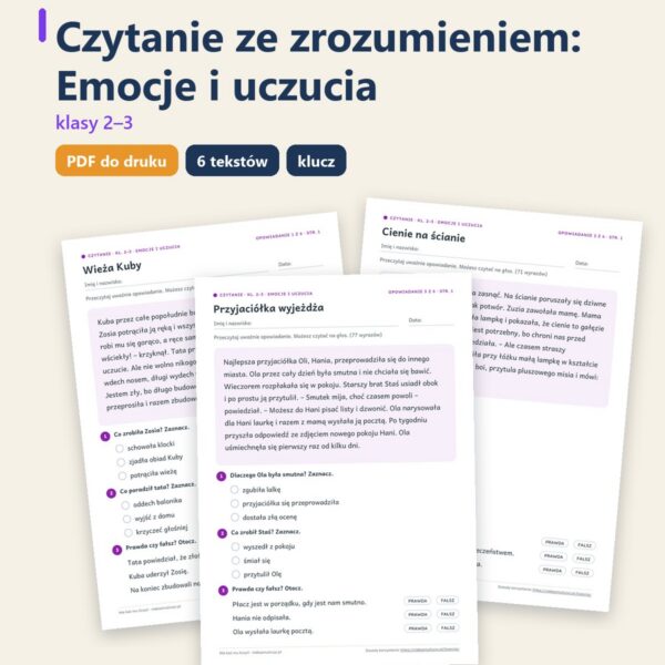 Okładka: Czytanie ze zrozumieniem kl. 2–3: Emocje i uczucia, 6 tekstów PDF