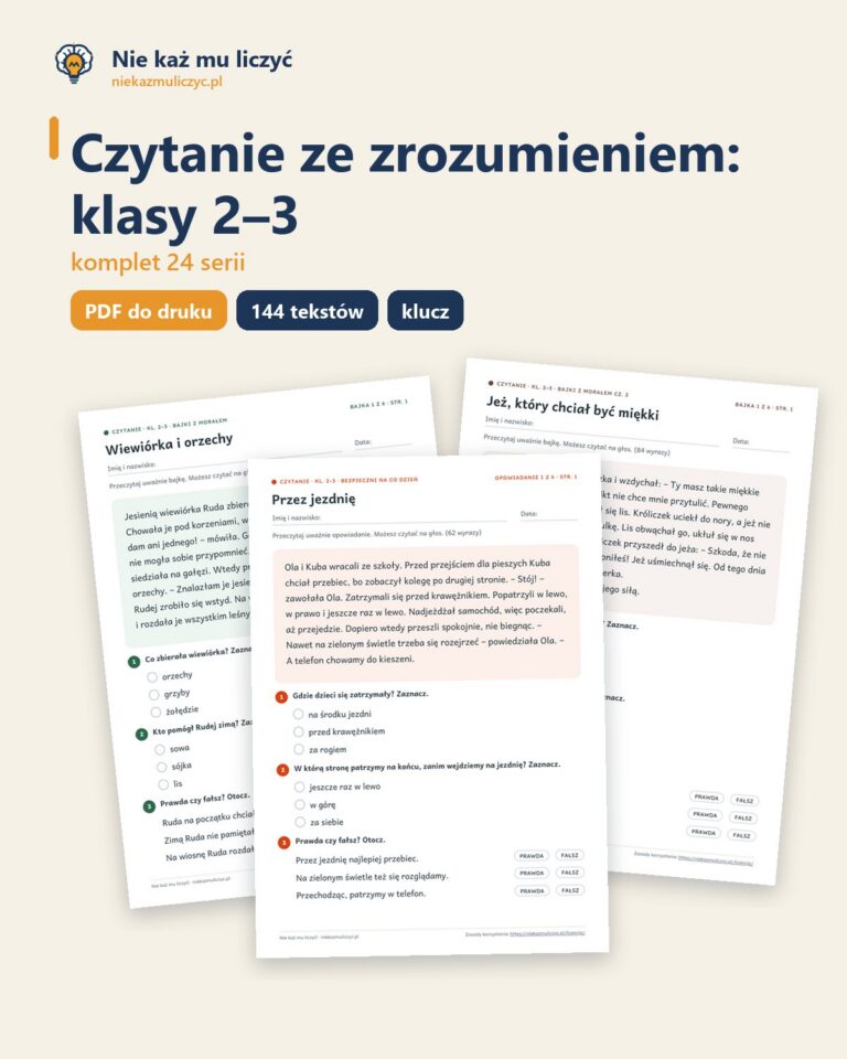 Czytanie ze zrozumieniem, klasy 2–3 — komplet 24 serii PDF z kluczem — okładka