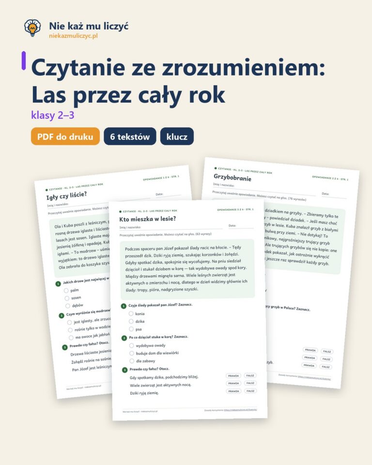 Czytanie ze zrozumieniem kl. 2–3: Las przez cały rok, 6 tekstów PDF — okładka