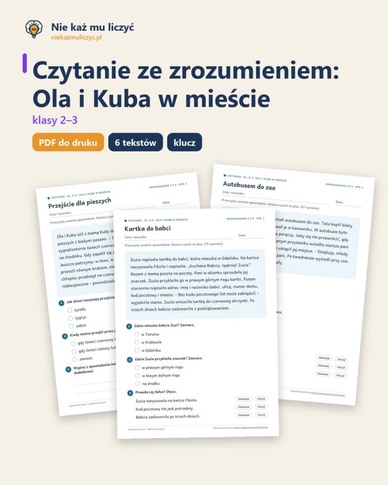 Czytanie ze zrozumieniem kl. 2–3: Ola i Kuba w mieście, 6 tekstów PDF — okładka