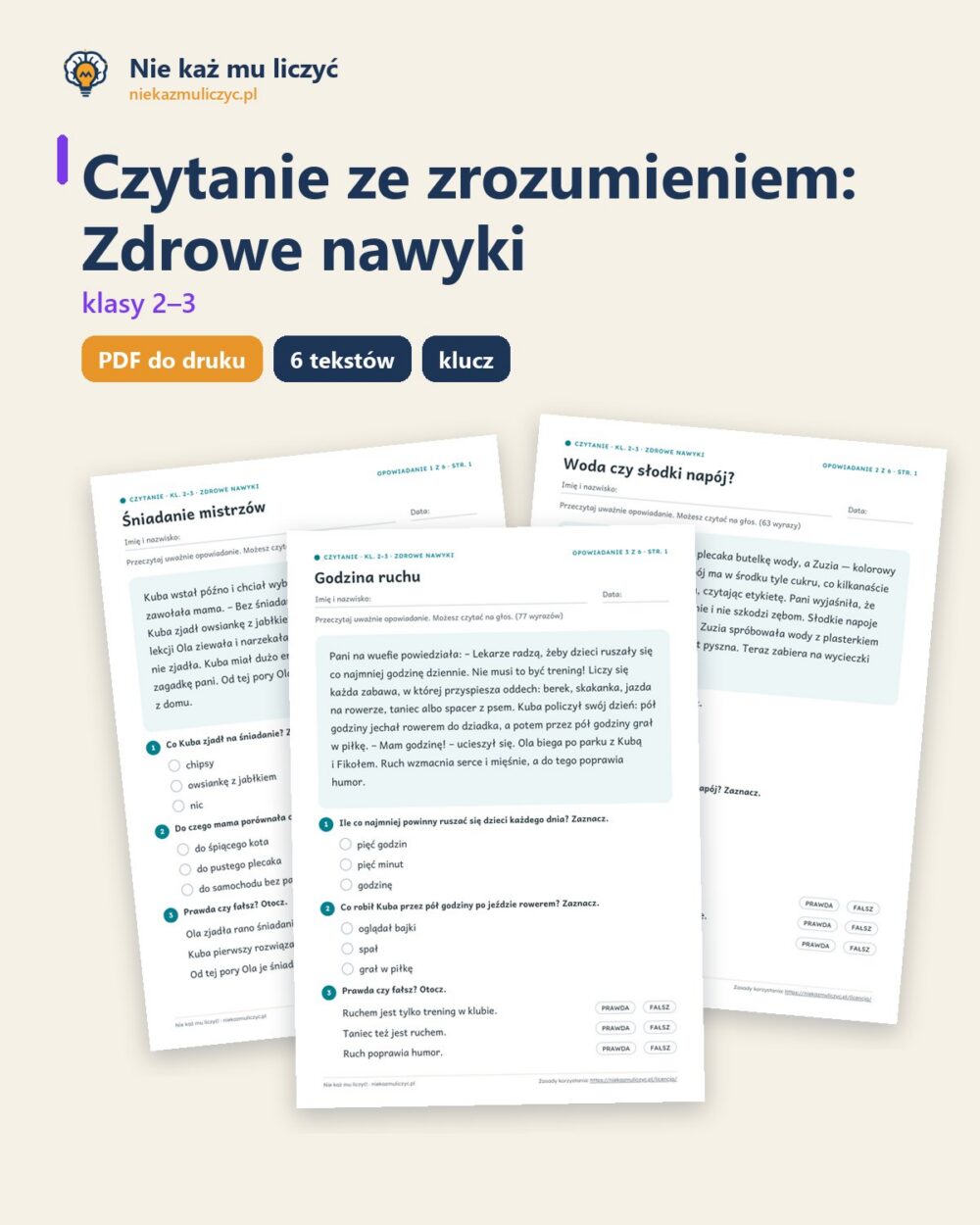 Czytanie ze zrozumieniem kl. 2–3: Zdrowe nawyki, 6 tekstów PDF — okładka