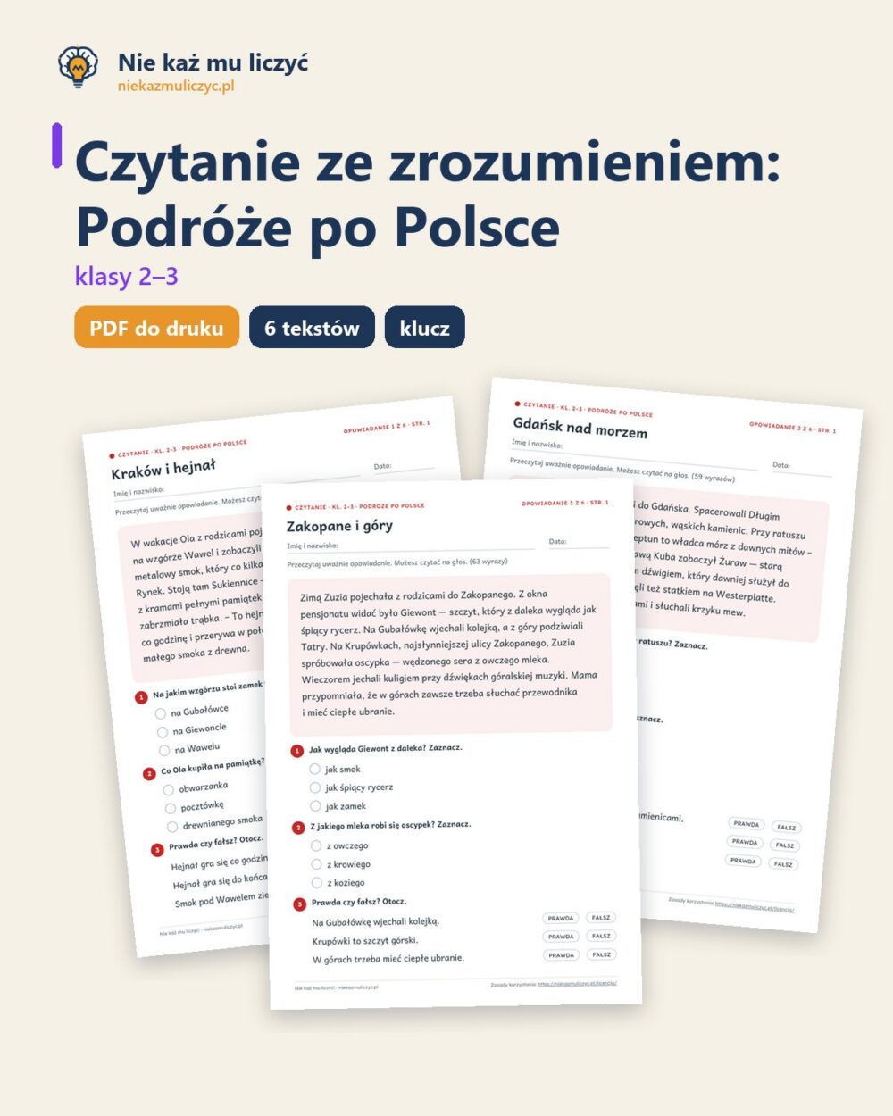 Czytanie ze zrozumieniem kl. 2–3: Podróże po Polsce, 6 tekstów PDF — okładka