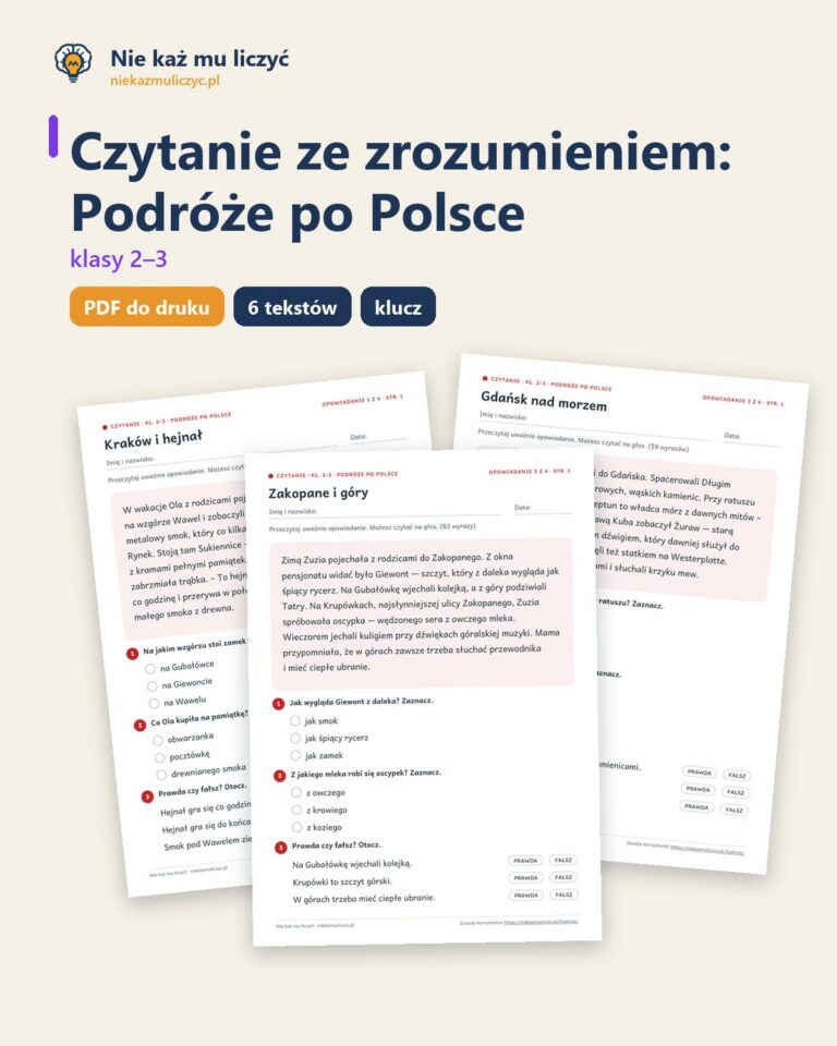 Czytanie ze zrozumieniem kl. 2–3: Podróże po Polsce, 6 tekstów PDF — okładka