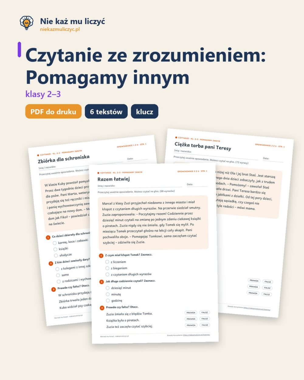 Czytanie ze zrozumieniem kl. 2–3: Pomagamy innym, 6 tekstów PDF — okładka