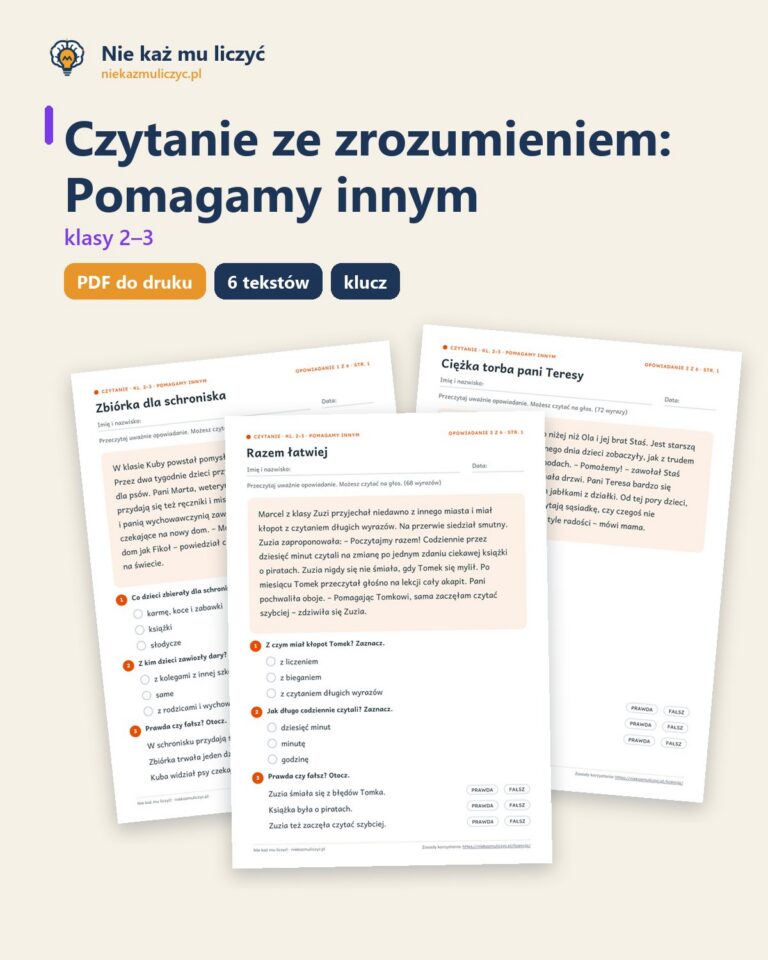 Czytanie ze zrozumieniem kl. 2–3: Pomagamy innym, 6 tekstów PDF — okładka
