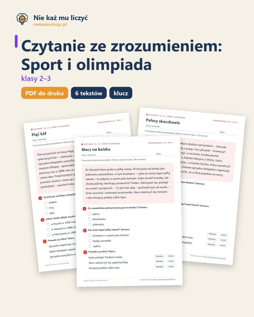 Czytanie ze zrozumieniem kl. 2–3: Sport i olimpiada, 6 tekstów PDF — okładka