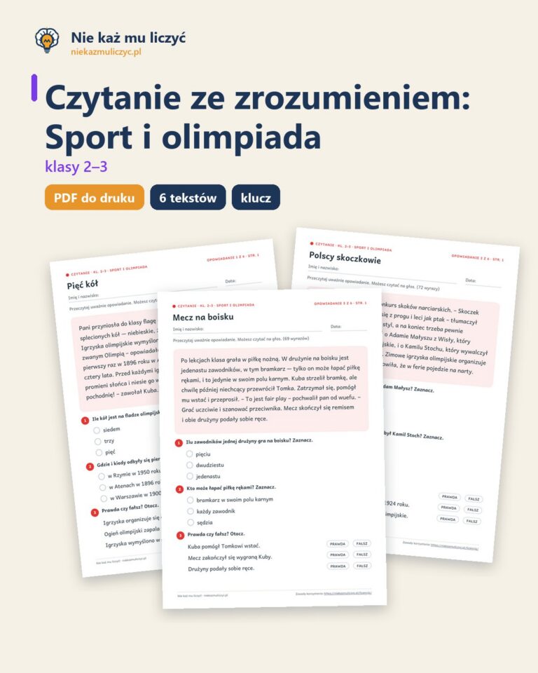 Czytanie ze zrozumieniem kl. 2–3: Sport i olimpiada, 6 tekstów PDF — okładka
