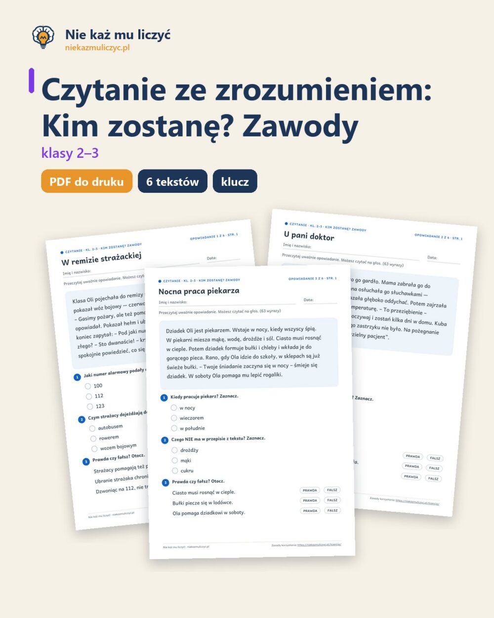 Czytanie ze zrozumieniem kl. 2–3: Kim zostanę? Zawody, 6 tekstów PDF — okładka