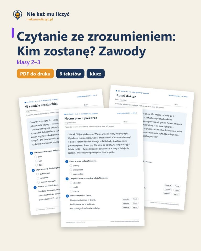 Czytanie ze zrozumieniem kl. 2–3: Kim zostanę? Zawody, 6 tekstów PDF — okładka