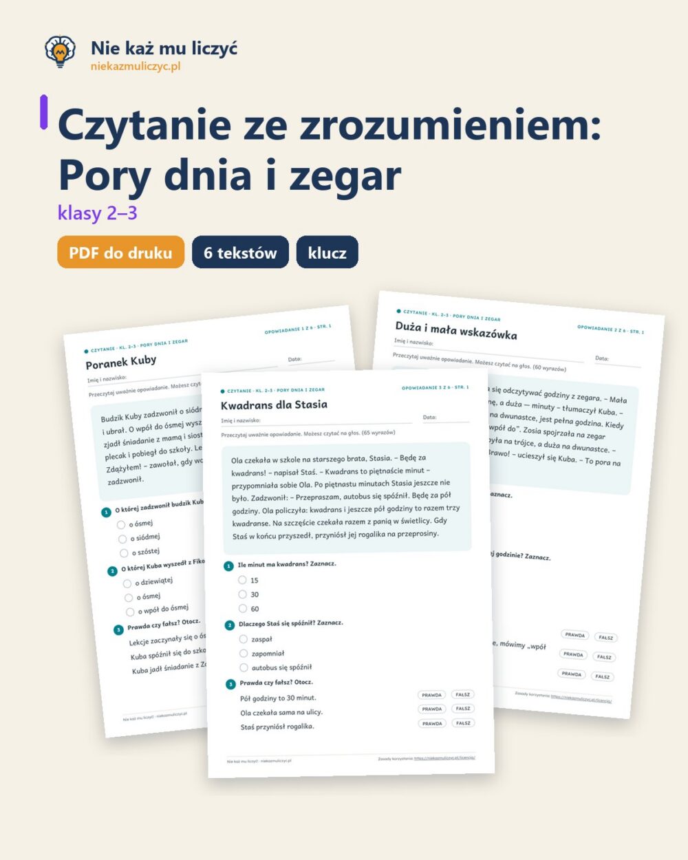 Czytanie ze zrozumieniem kl. 2–3: Pory dnia i zegar, 6 tekstów PDF — okładka