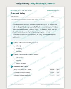 Czytanie ze zrozumieniem kl. 2–3: Pory dnia i zegar, 6 tekstów PDF — podgląd karty, strona 1