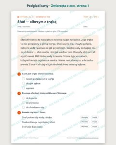 Czytanie ze zrozumieniem kl. 2–3: Zwierzęta z zoo, 6 tekstów PDF — podgląd karty, strona 1