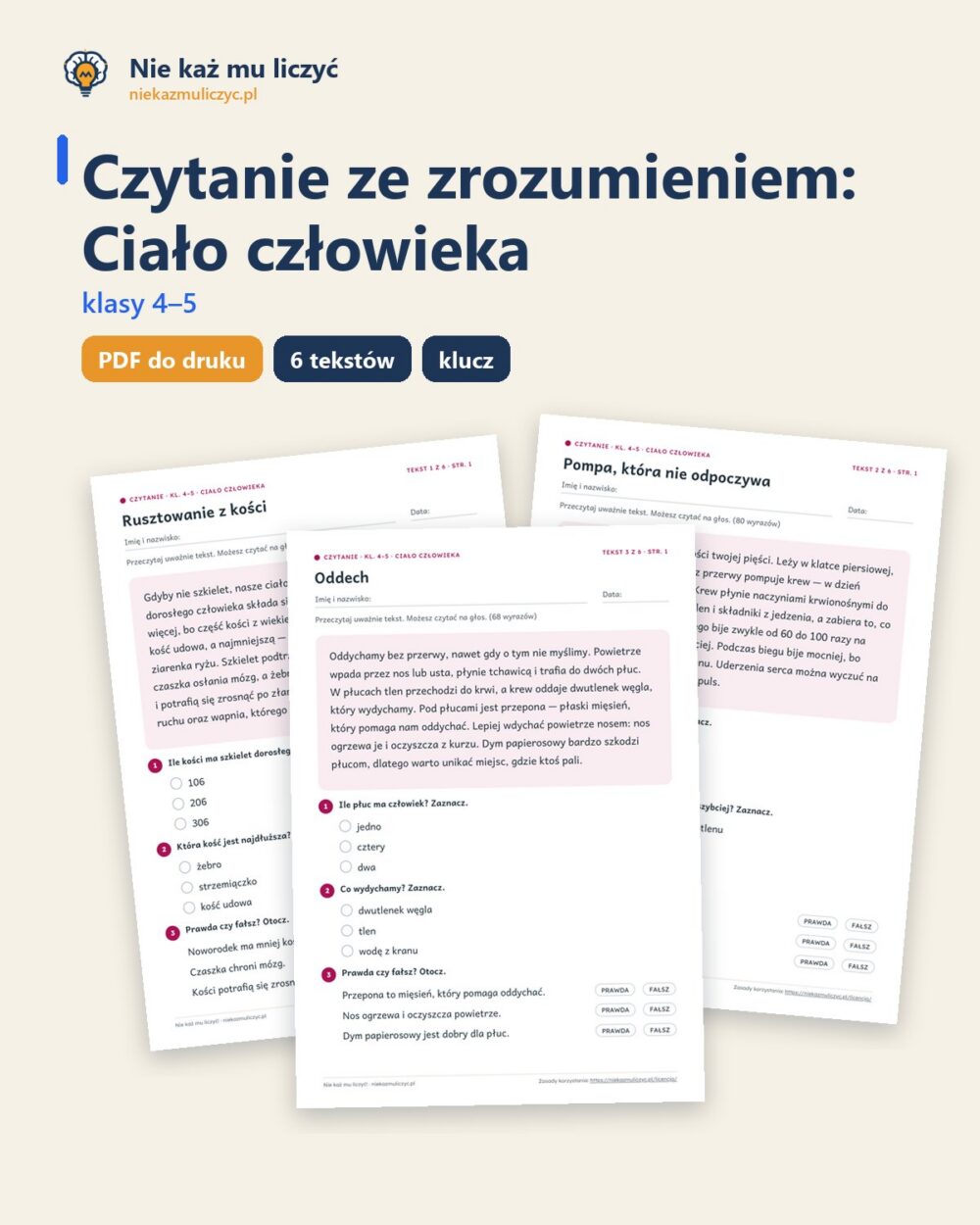 Czytanie ze zrozumieniem kl. 4–5: Ciało człowieka, 6 tekstów PDF — okładka