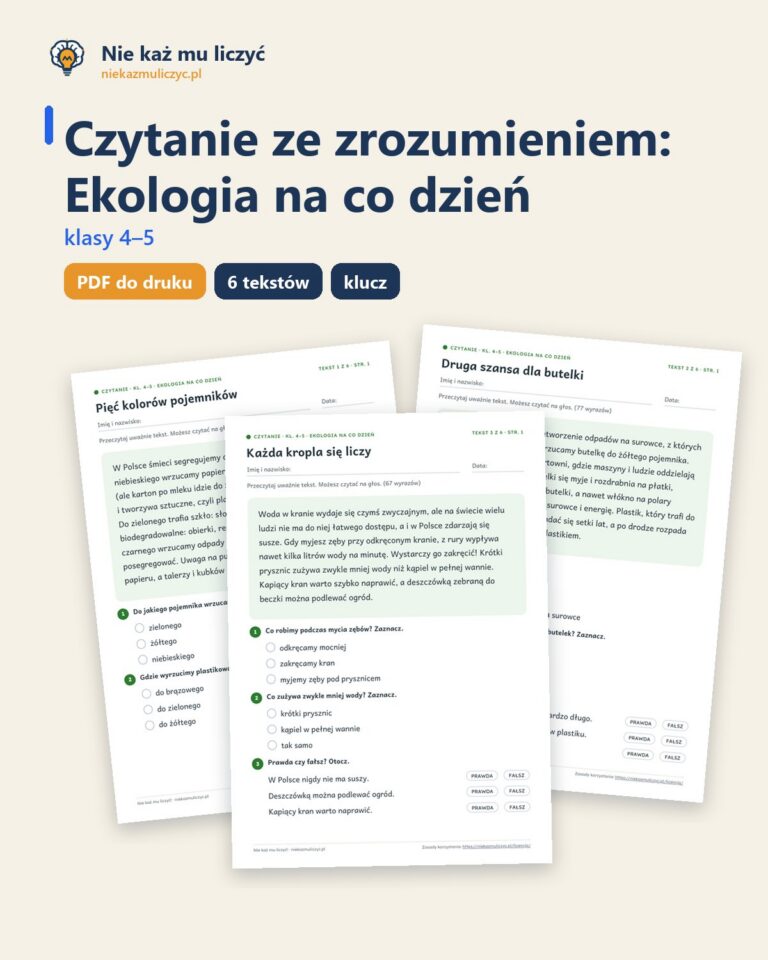 Czytanie ze zrozumieniem kl. 4–5: Ekologia na co dzień, 6 tekstów PDF — okładka