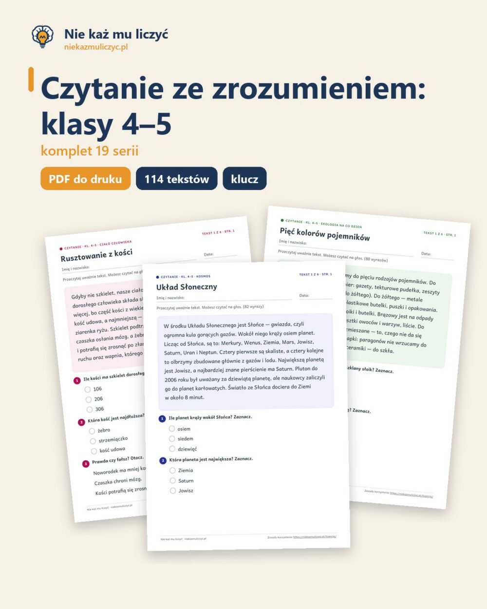 Czytanie ze zrozumieniem, klasy 4–5 — komplet 19 serii PDF z kluczem — okładka