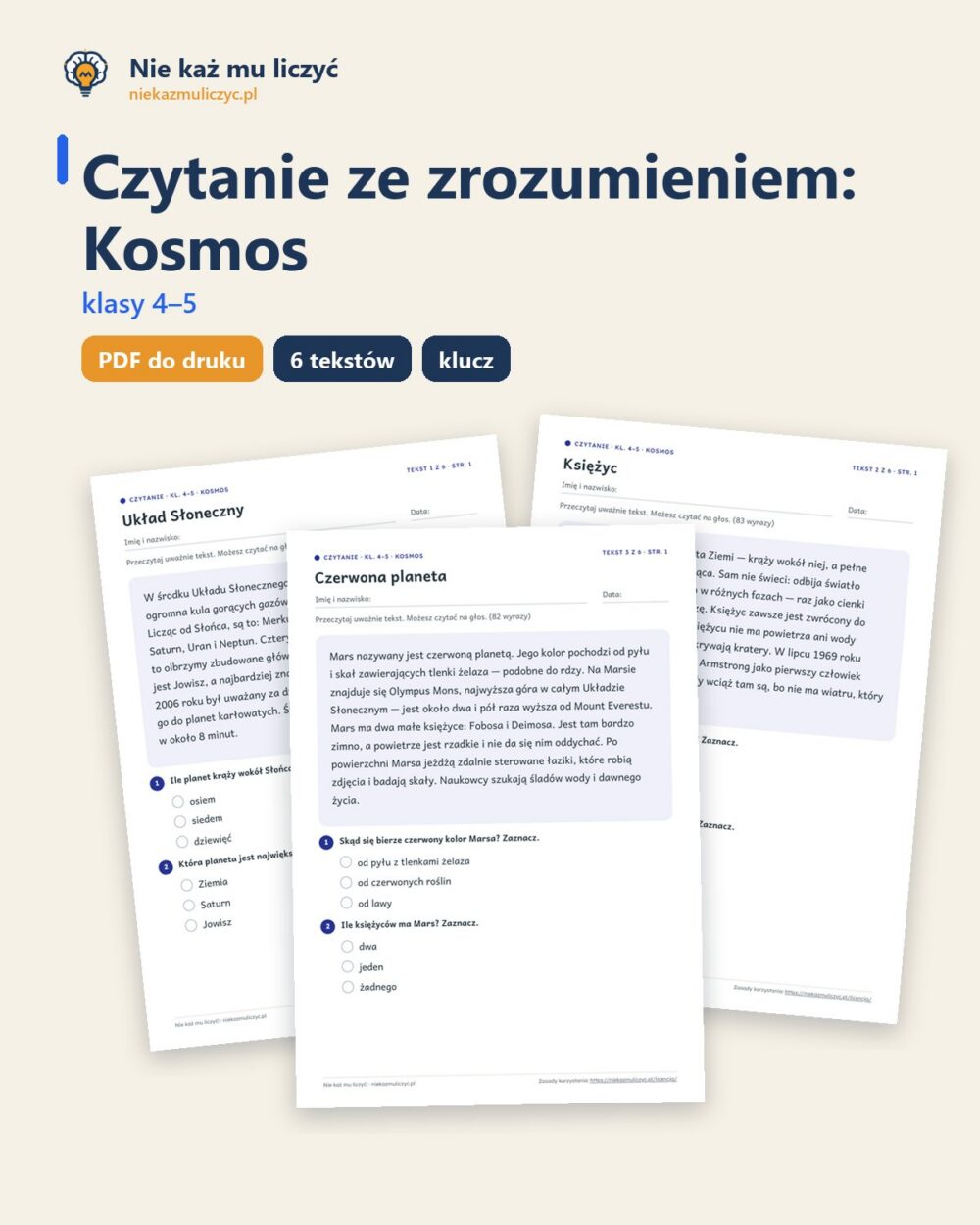 Czytanie ze zrozumieniem kl. 4–5: Kosmos, 6 tekstów PDF — okładka