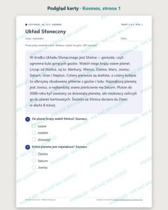 Czytanie ze zrozumieniem kl. 4–5: Kosmos, 6 tekstów PDF — podgląd karty, strona 1
