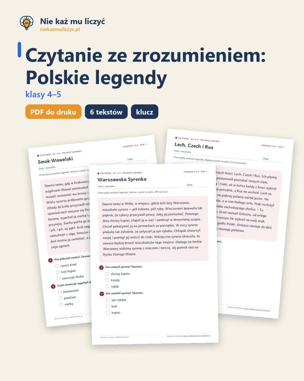 Czytanie ze zrozumieniem kl. 4–5: Polskie legendy, 6 tekstów PDF — okładka