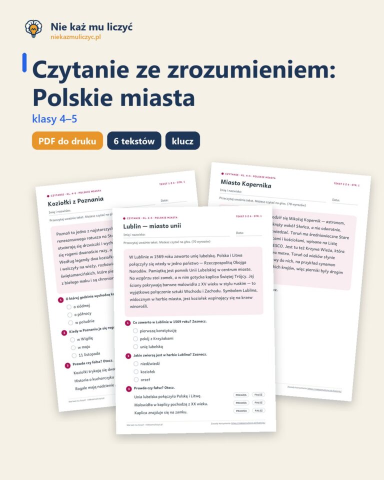 Czytanie ze zrozumieniem kl. 4–5: Polskie miasta, 6 tekstów PDF — okładka