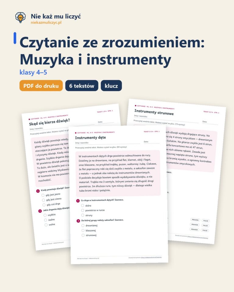 Czytanie ze zrozumieniem kl. 4–5: Muzyka i instrumenty, 6 tekstów PDF — okładka