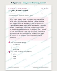 Czytanie ze zrozumieniem kl. 4–5: Muzyka i instrumenty, 6 tekstów PDF — podgląd karty, strona 1