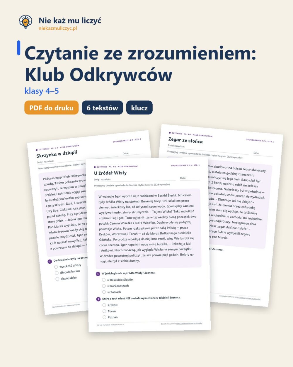 Czytanie ze zrozumieniem kl. 4–5: Klub Odkrywców, 6 tekstów PDF — okładka