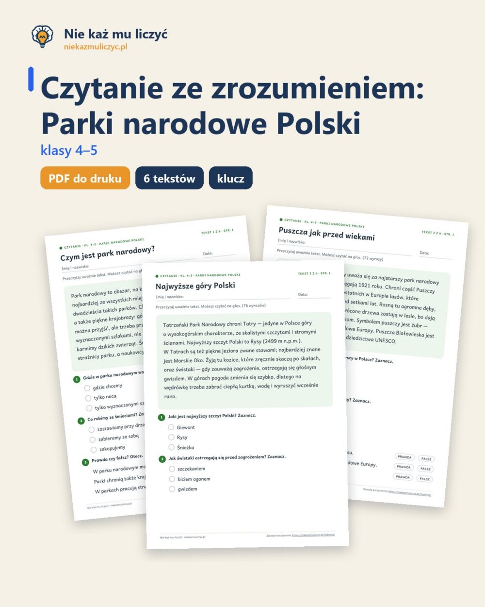 Czytanie ze zrozumieniem kl. 4–5: Parki narodowe Polski, 6 tekstów PDF — okładka