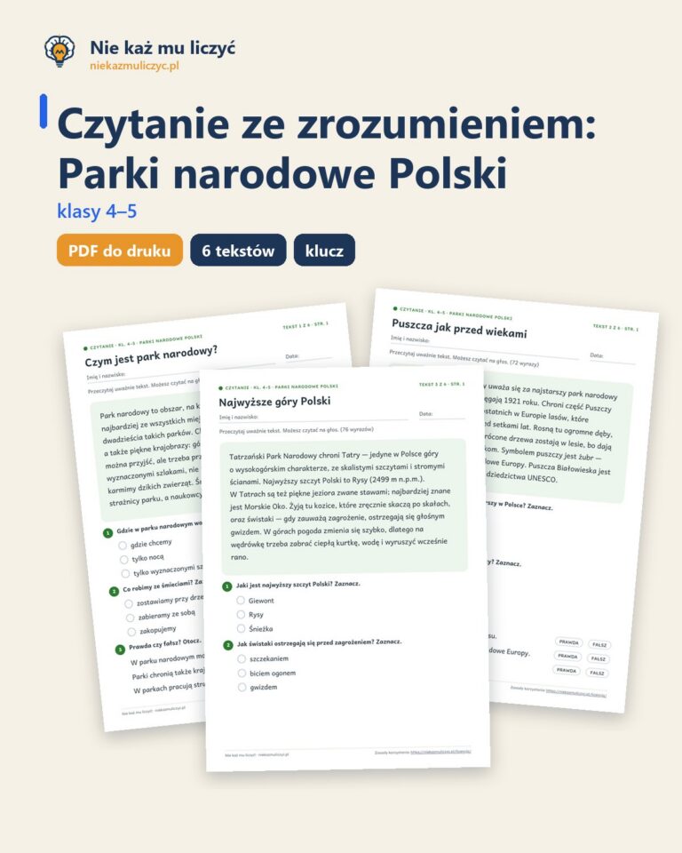 Czytanie ze zrozumieniem kl. 4–5: Parki narodowe Polski, 6 tekstów PDF — okładka