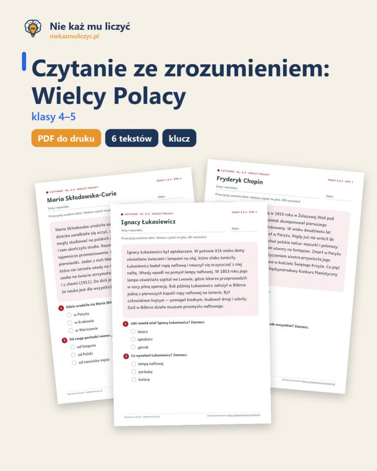 Czytanie ze zrozumieniem kl. 4–5: Wielcy Polacy, 6 tekstów PDF — okładka