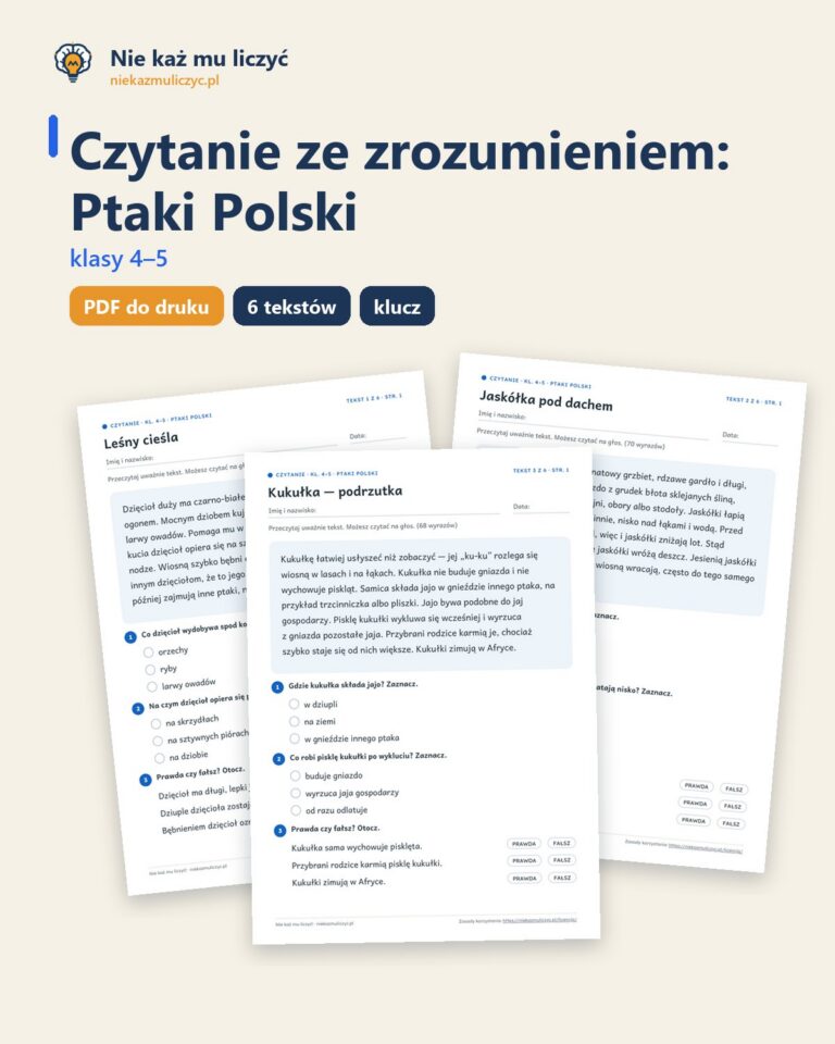 Czytanie ze zrozumieniem kl. 4–5: Ptaki Polski, 6 tekstów PDF — okładka