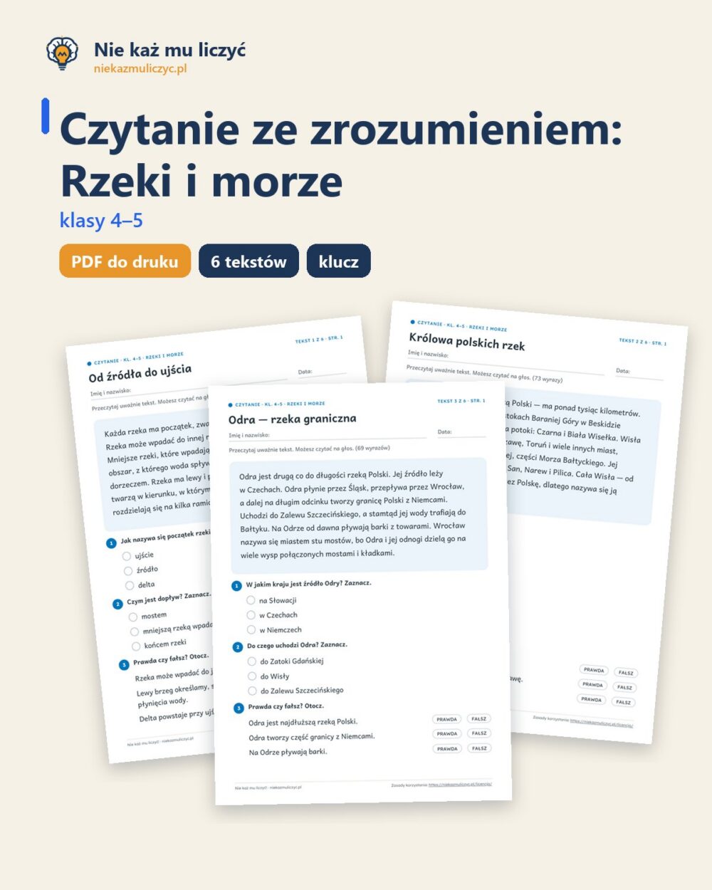 Czytanie ze zrozumieniem kl. 4–5: Rzeki i morze, 6 tekstów PDF — okładka