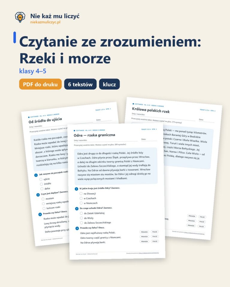 Czytanie ze zrozumieniem kl. 4–5: Rzeki i morze, 6 tekstów PDF — okładka