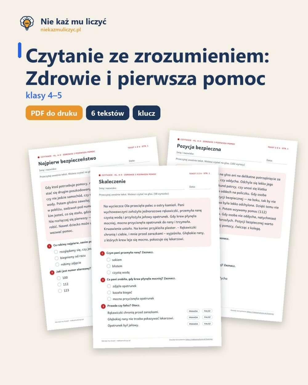 Czytanie ze zrozumieniem kl. 4–5: Zdrowie i pierwsza pomoc — okładka