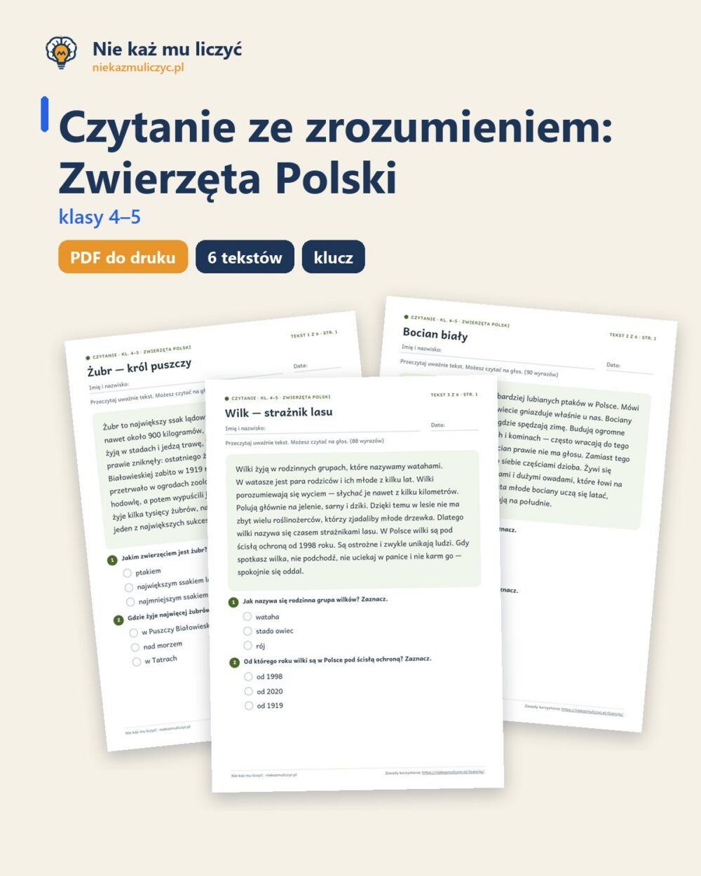 Czytanie ze zrozumieniem kl. 4–5: Zwierzęta Polski, 6 tekstów PDF — okładka
